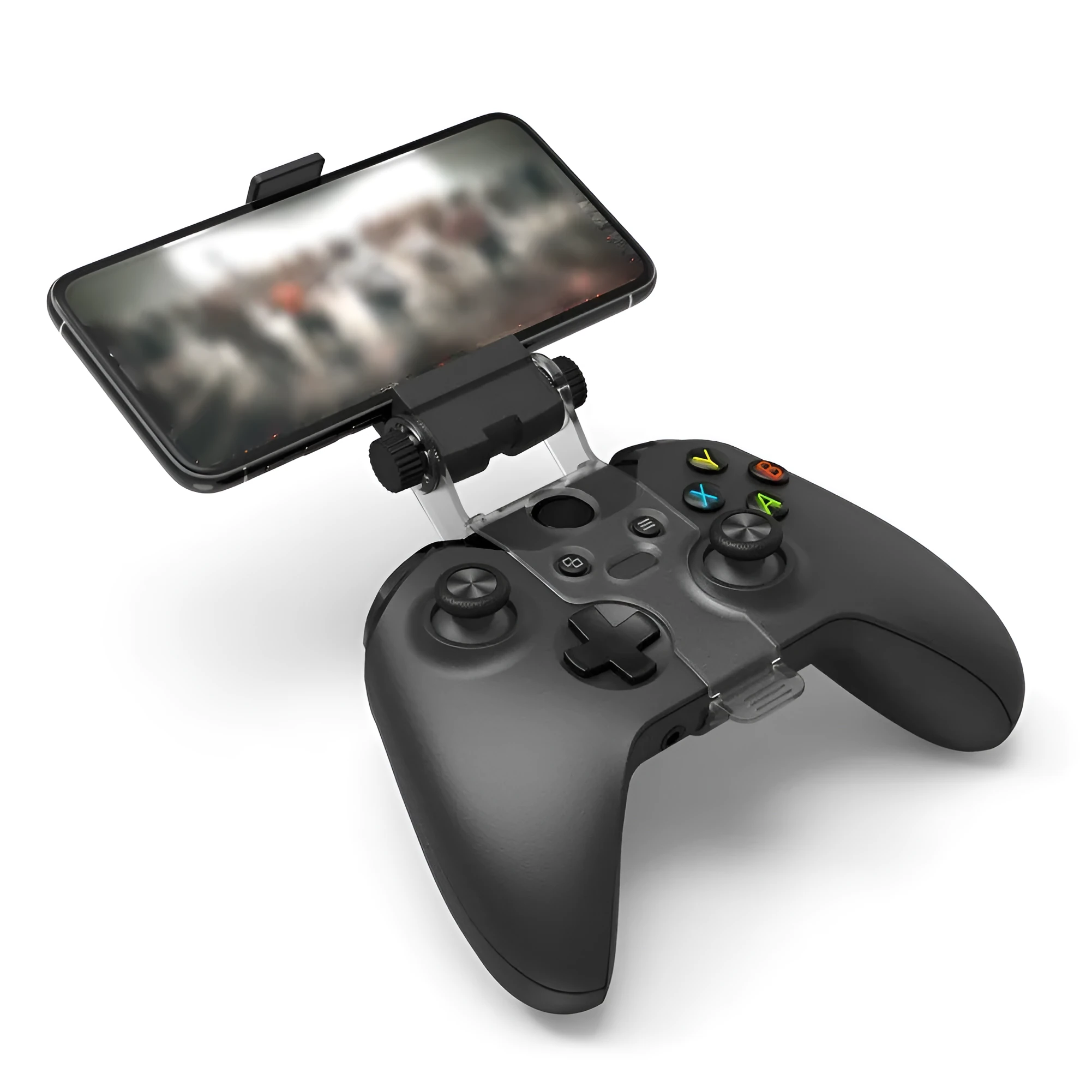 Black universal mobile phone holder clipped onto a car air vent, showing 360-degree rotation and clamp for smartphone
