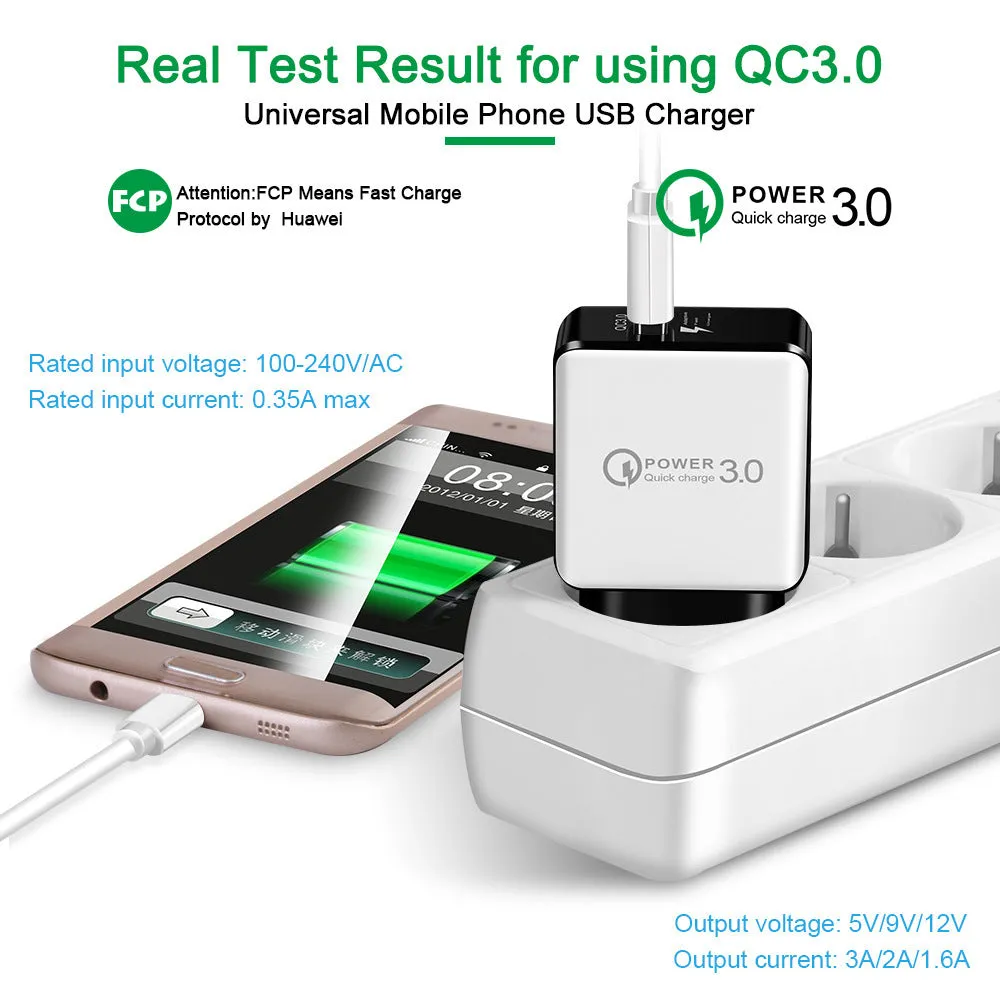 18W Quick Charge 3.0 USB wall charger EU plug in black and white finishes for smartphones