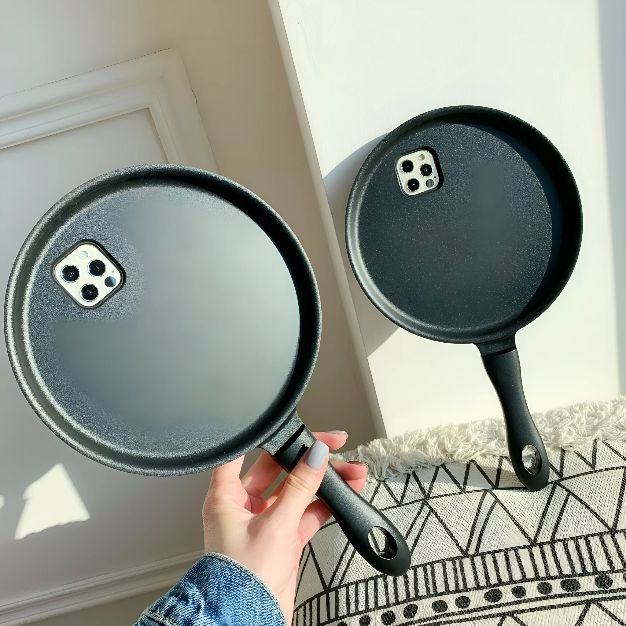 3D cartoon frying pan shape TPU PC phone case for iPhone 12 Pro Max, black colour, soft back cover