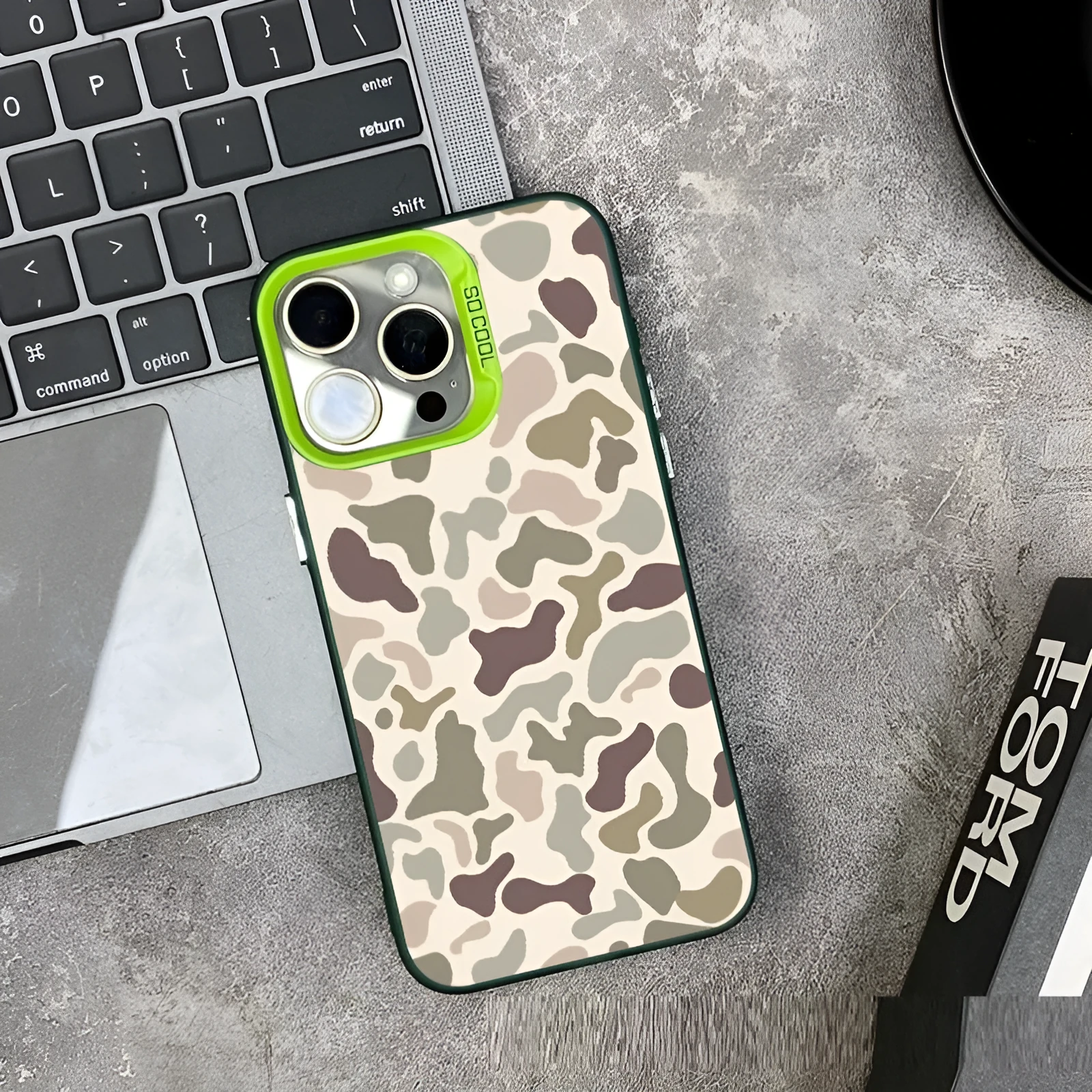 Vintage leopard print frosted PC phone case for iPhone, showing back with IMD 2-in-1 black colour and all-inclusive design