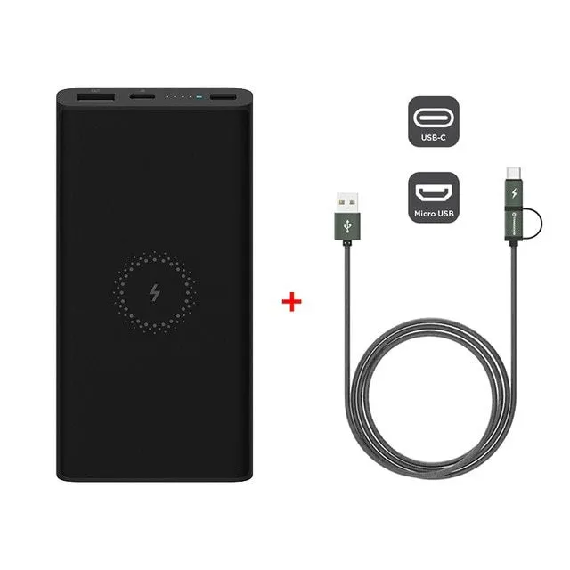 White or black 10000mAh capacity power bank showing USB-C port and wireless charging symbol