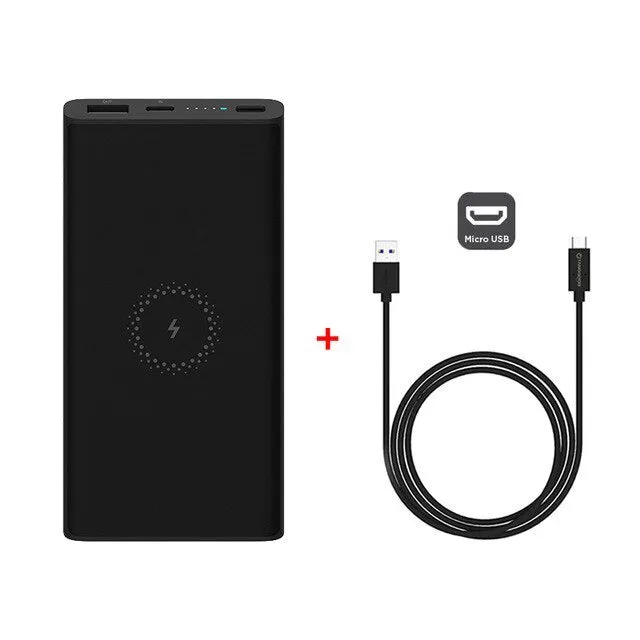 White or black 10000mAh capacity power bank showing USB-C port and wireless charging symbol
