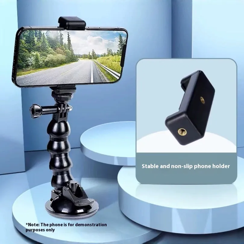 Black plastic car shooting bracket mobile phone holder with seven-section support frame for stable phone holding.