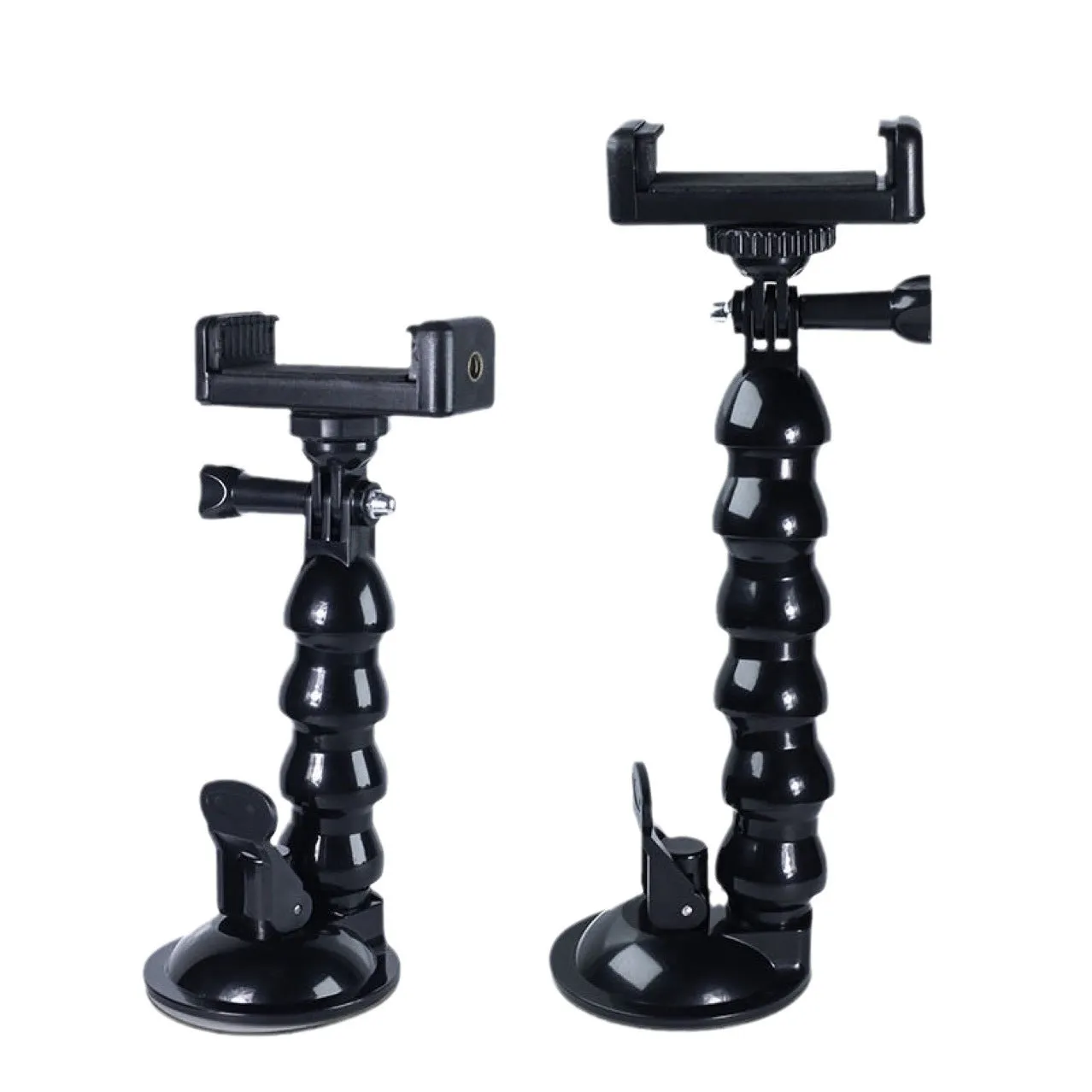 Black plastic car shooting bracket mobile phone holder with seven-section support frame for stable phone holding.