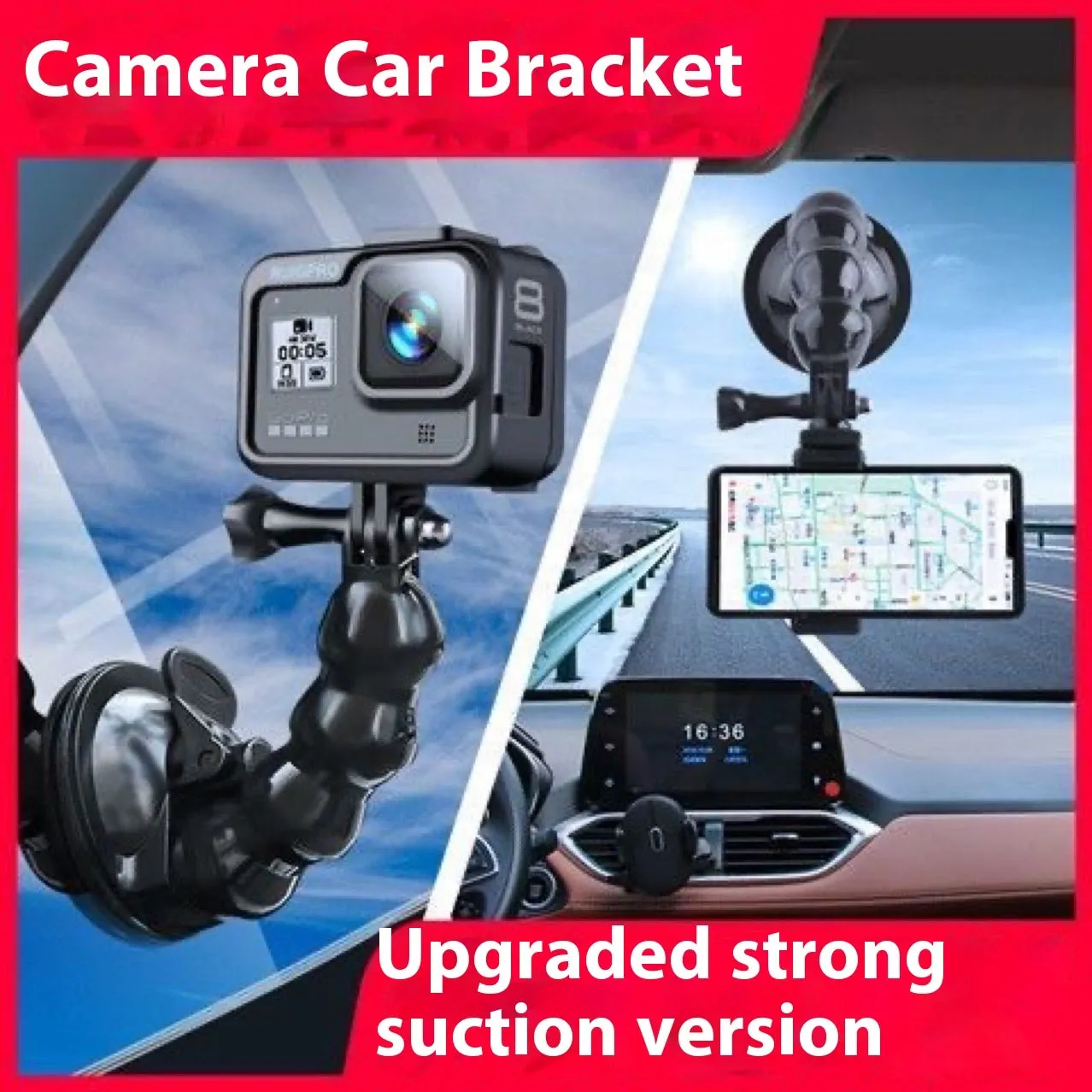 Black plastic car shooting bracket mobile phone holder with seven-section support frame for stable phone holding.