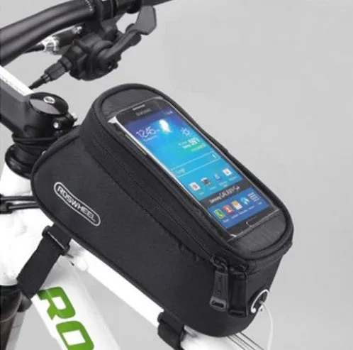 Waterproof PVC bicycle frame phone bag in black, mounted on bike with iPhone inside