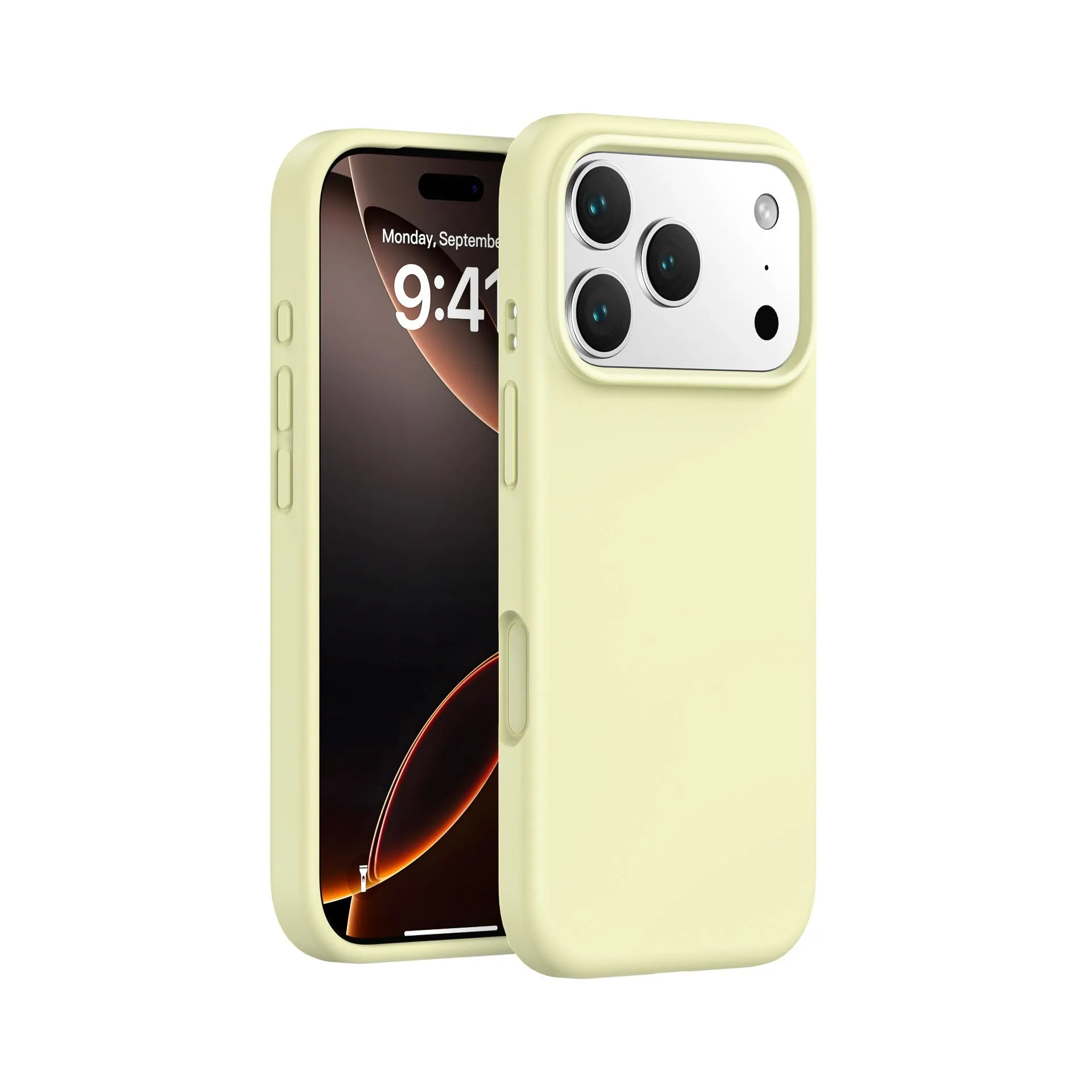 Liquid silicone phone case in antique white for iPhone 17 with soft-touch finish and anti-fingerprint surface