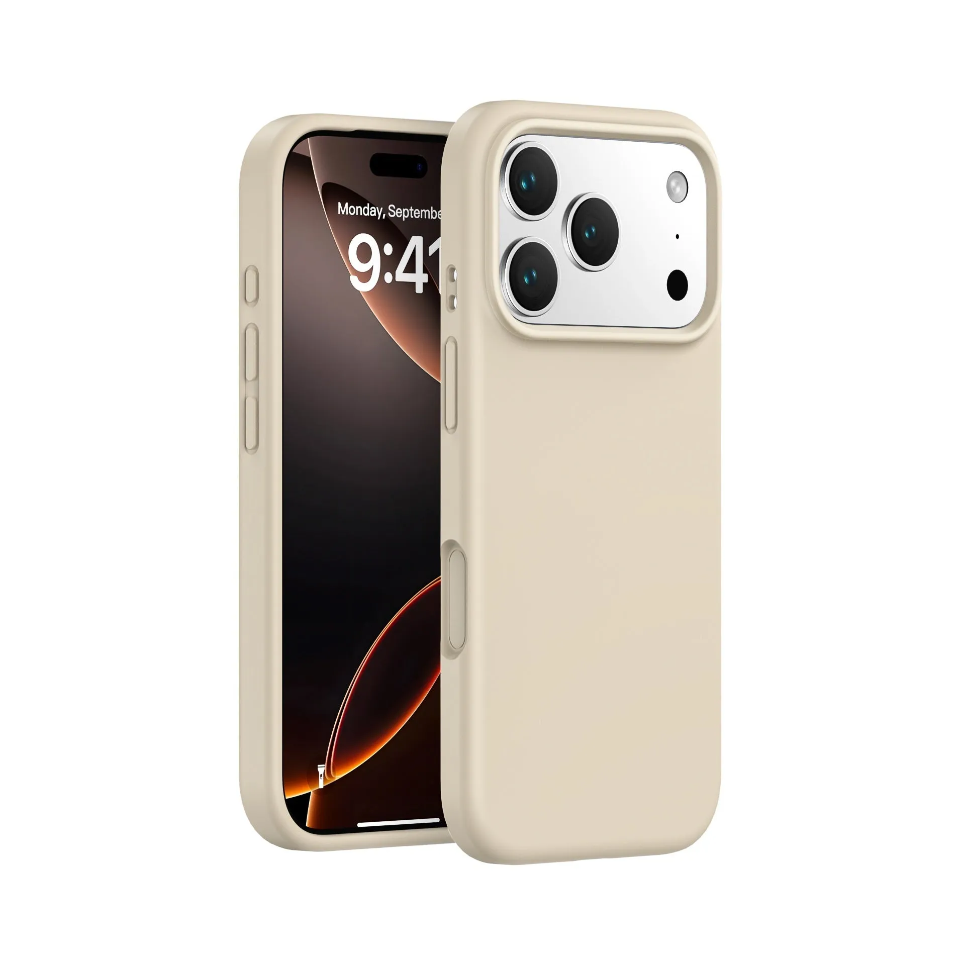 Liquid silicone phone case in antique white for iPhone 17 with soft-touch finish and anti-fingerprint surface
