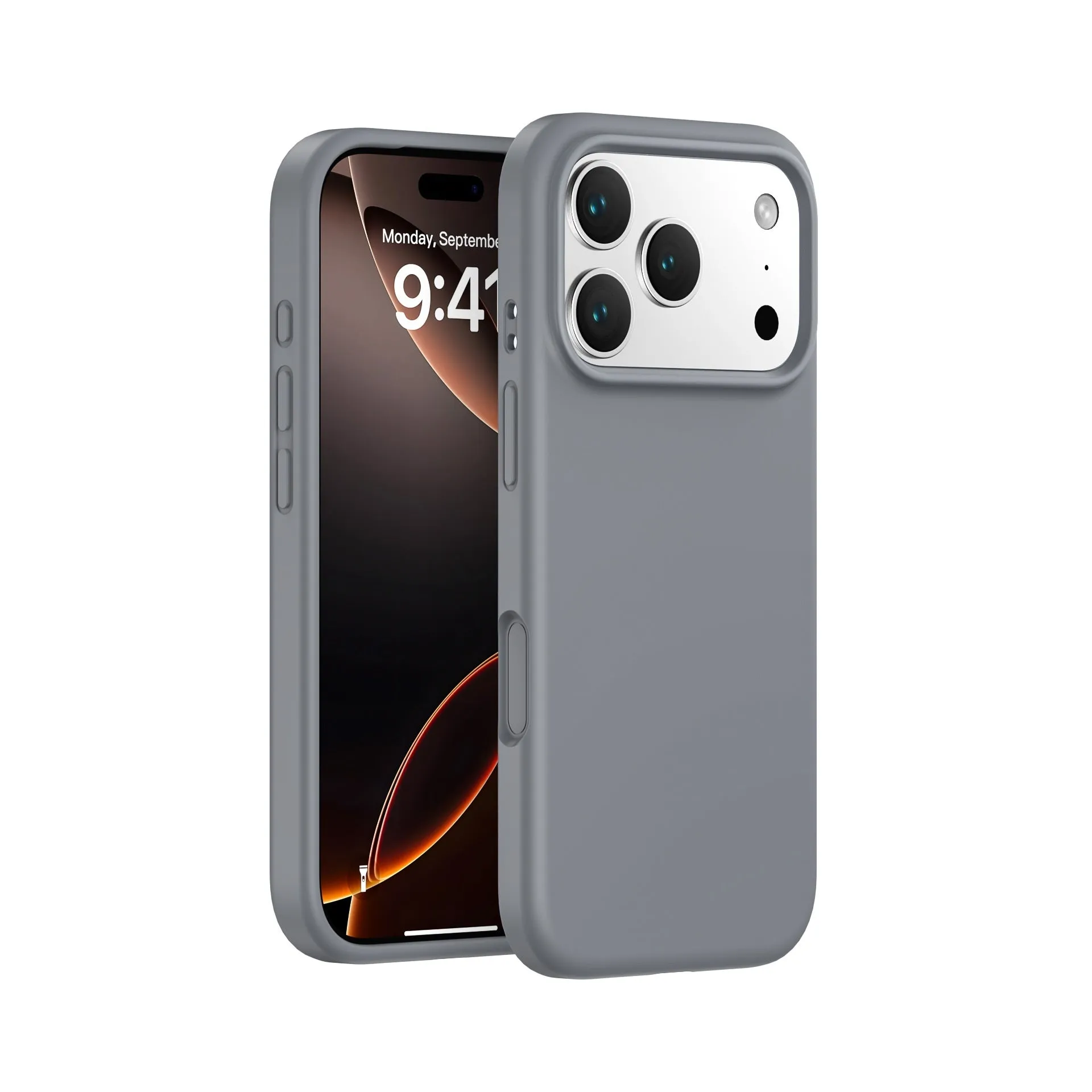 Liquid silicone phone case in antique white for iPhone 17 with soft-touch finish and anti-fingerprint surface