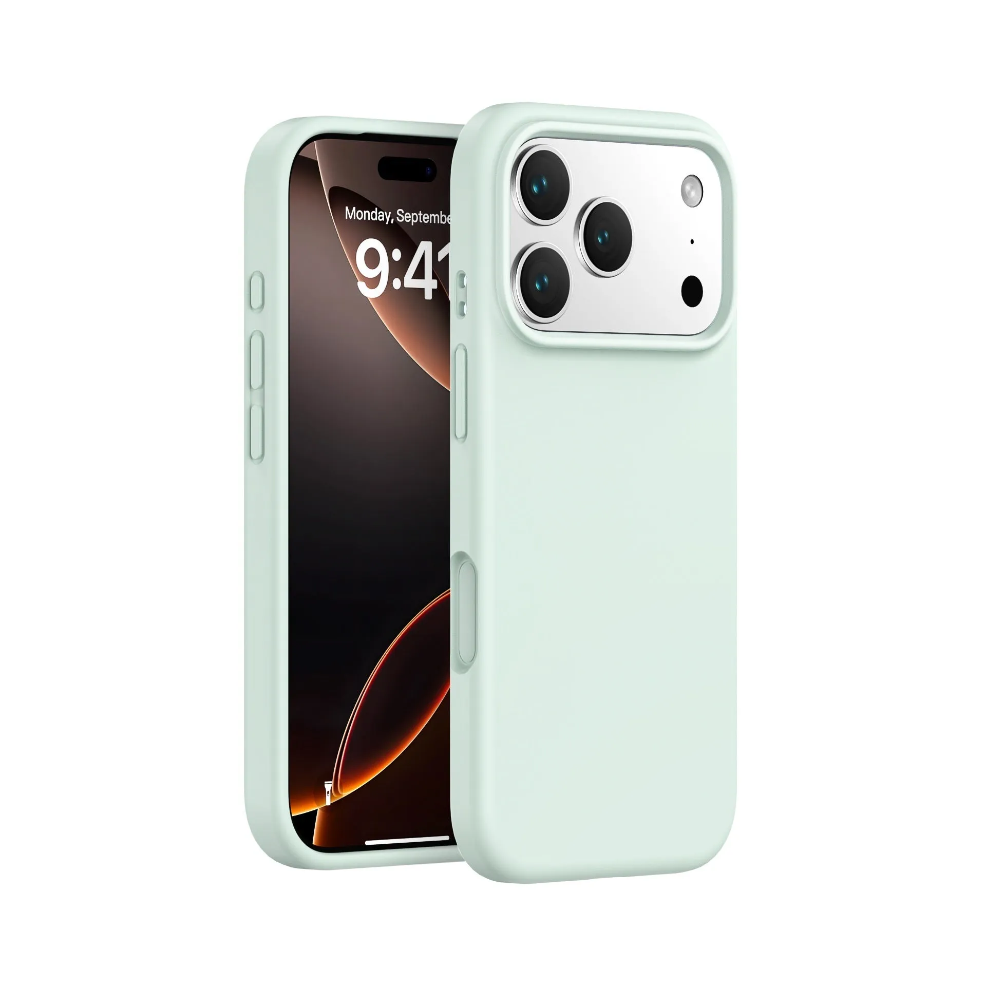 Liquid silicone phone case in antique white for iPhone 17 with soft-touch finish and anti-fingerprint surface