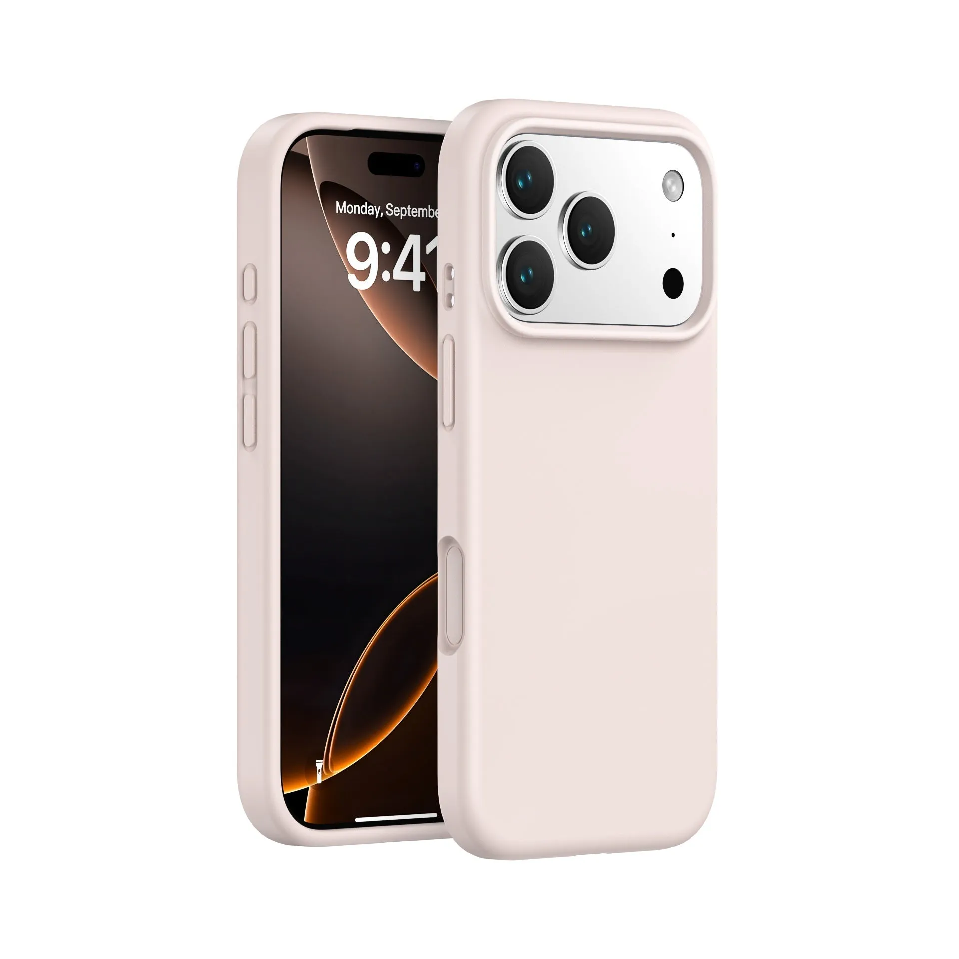 Liquid silicone phone case in antique white for iPhone 17 with soft-touch finish and anti-fingerprint surface
