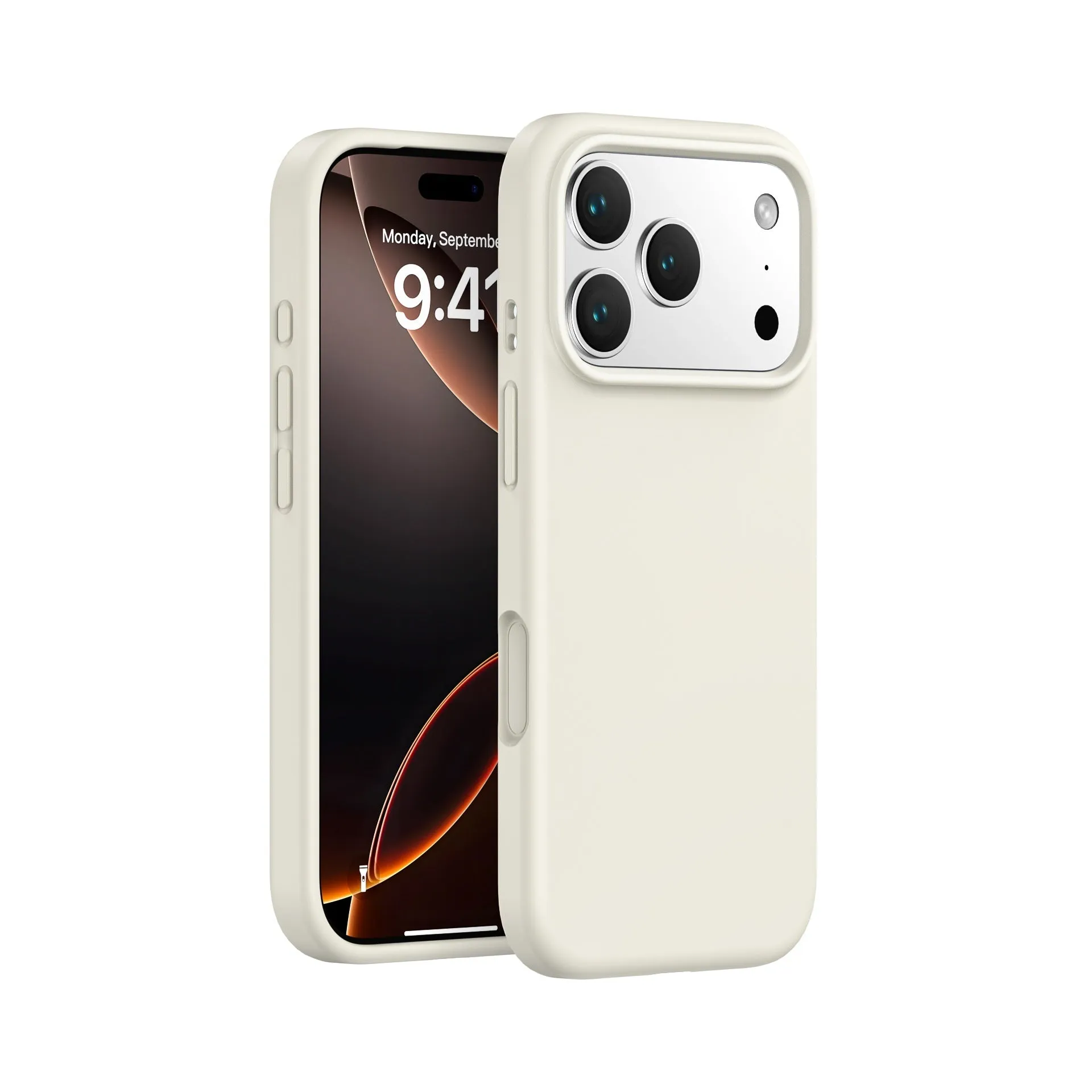 Liquid silicone phone case in antique white for iPhone 17 with soft-touch finish and anti-fingerprint surface