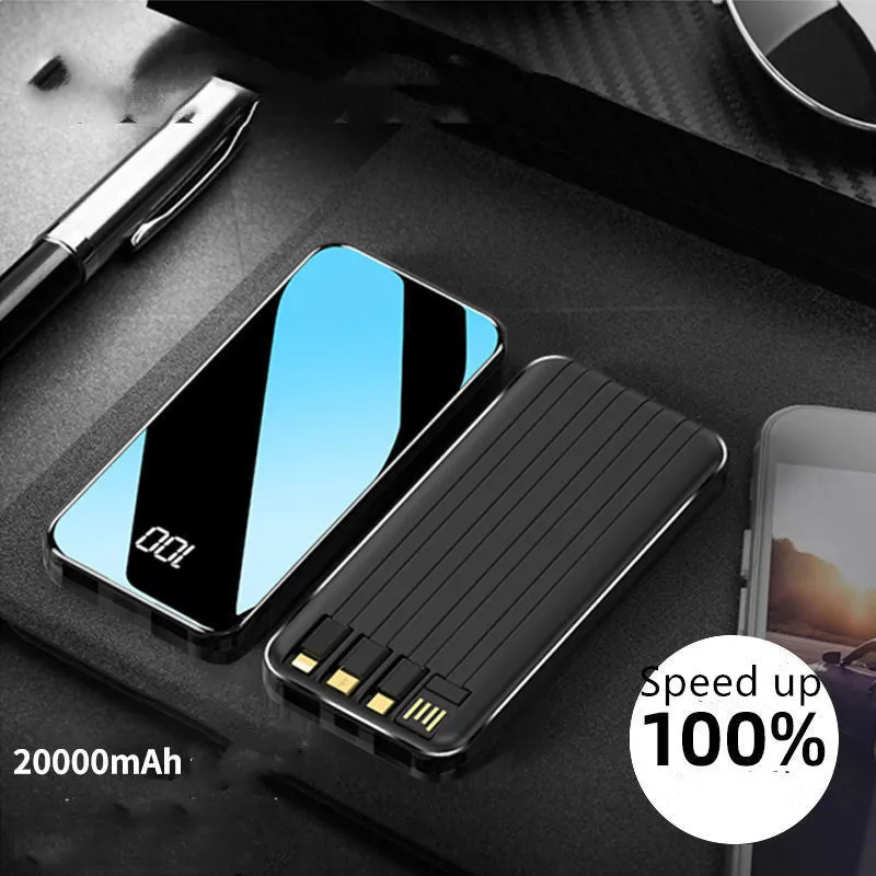 Portable power bank with digital display showing battery percentage, with USB, USB-C, and lightning ports visible.