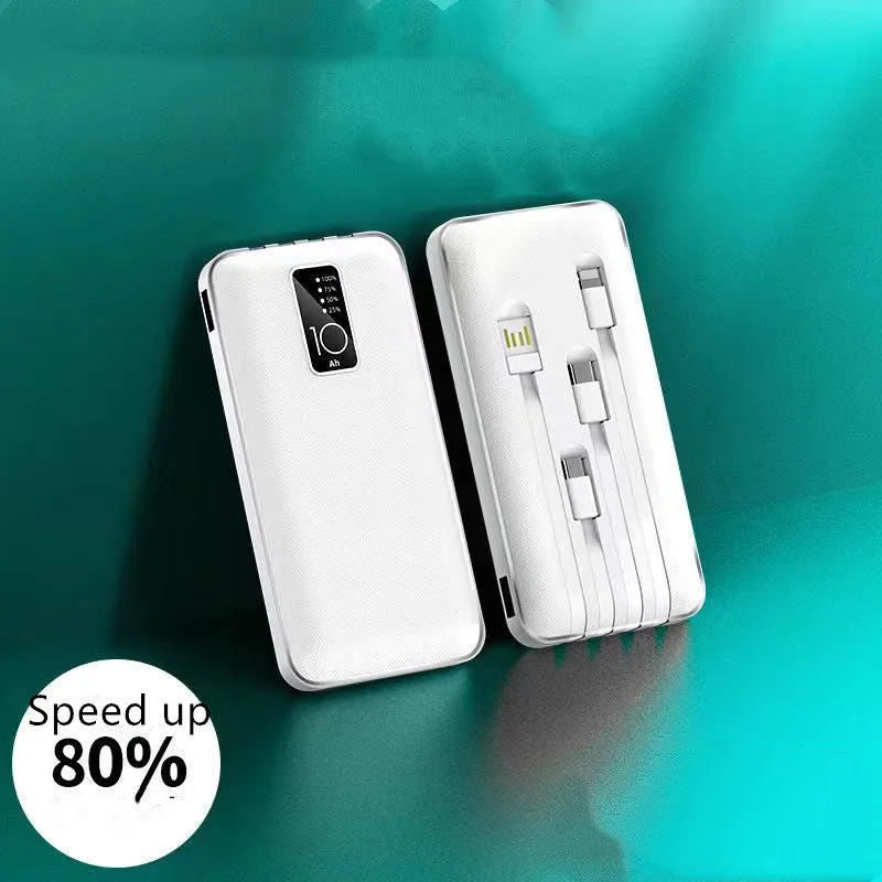 Portable power bank with digital display showing battery percentage, with USB, USB-C, and lightning ports visible.