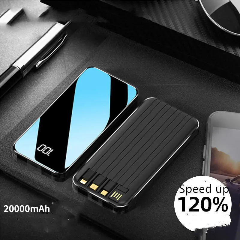 Portable power bank with digital display showing battery percentage, with USB, USB-C, and lightning ports visible.