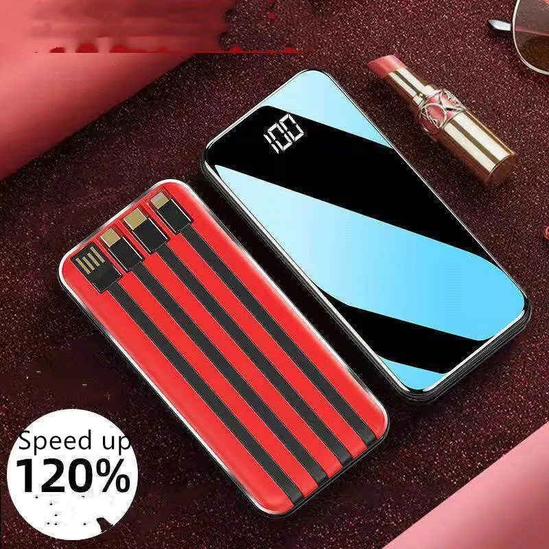 Portable power bank with digital display showing battery percentage, with USB, USB-C, and lightning ports visible.