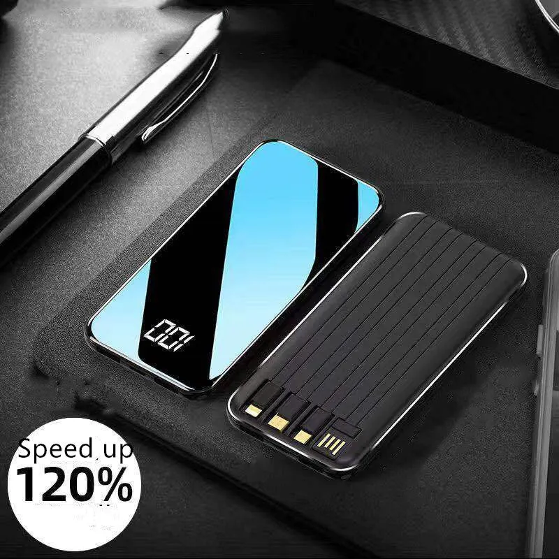 Portable power bank with digital display showing battery percentage, with USB, USB-C, and lightning ports visible.