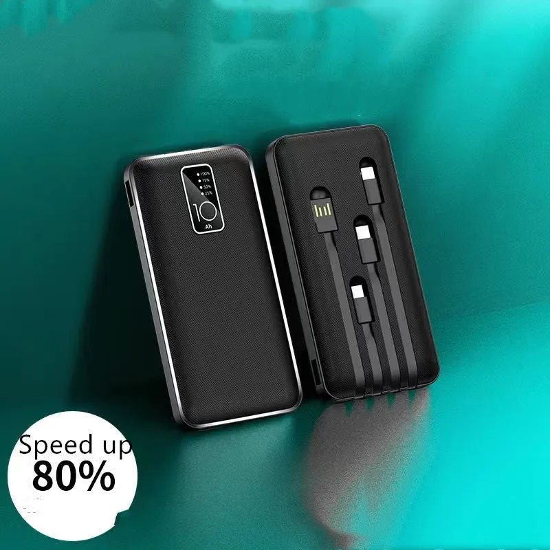 Portable power bank with digital display showing battery percentage, with USB, USB-C, and lightning ports visible.