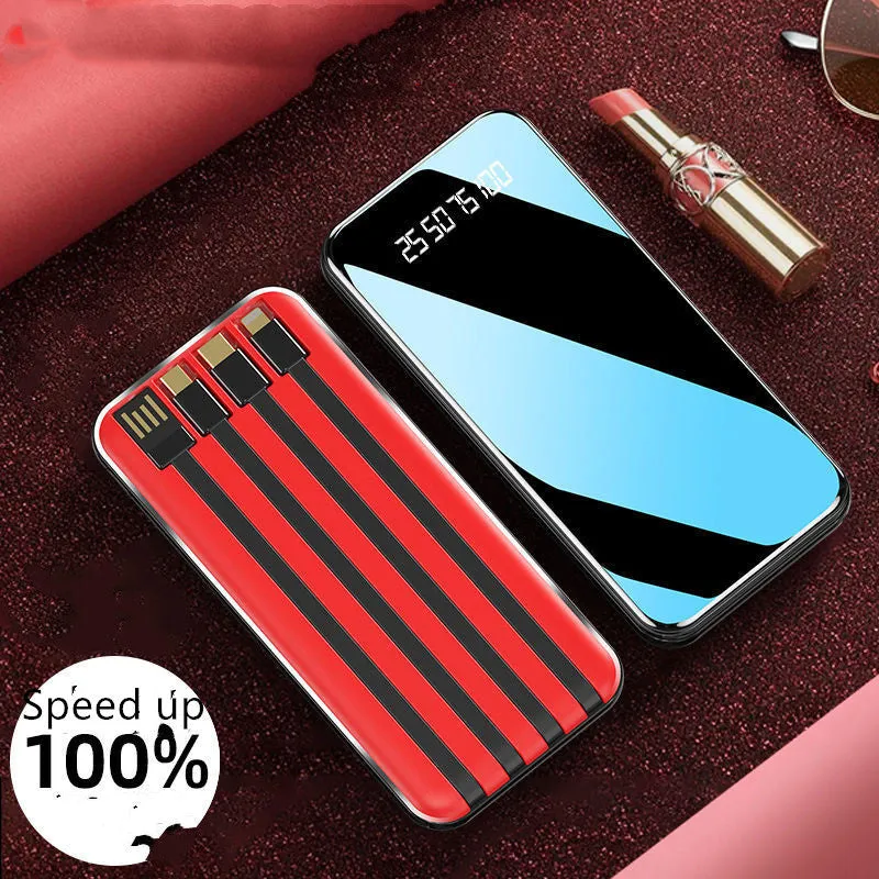 Portable power bank with digital display showing battery percentage, with USB, USB-C, and lightning ports visible.