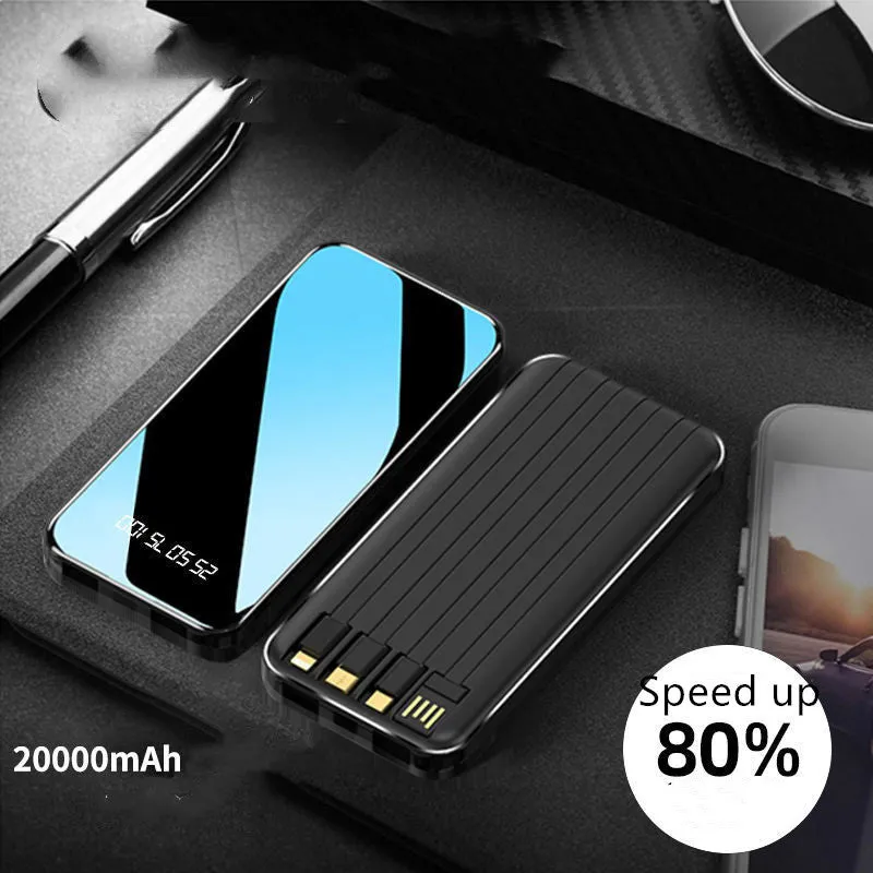 Portable power bank with digital display showing battery percentage, with USB, USB-C, and lightning ports visible.