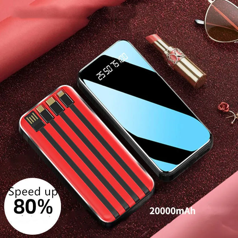 Portable power bank with digital display showing battery percentage, with USB, USB-C, and lightning ports visible.