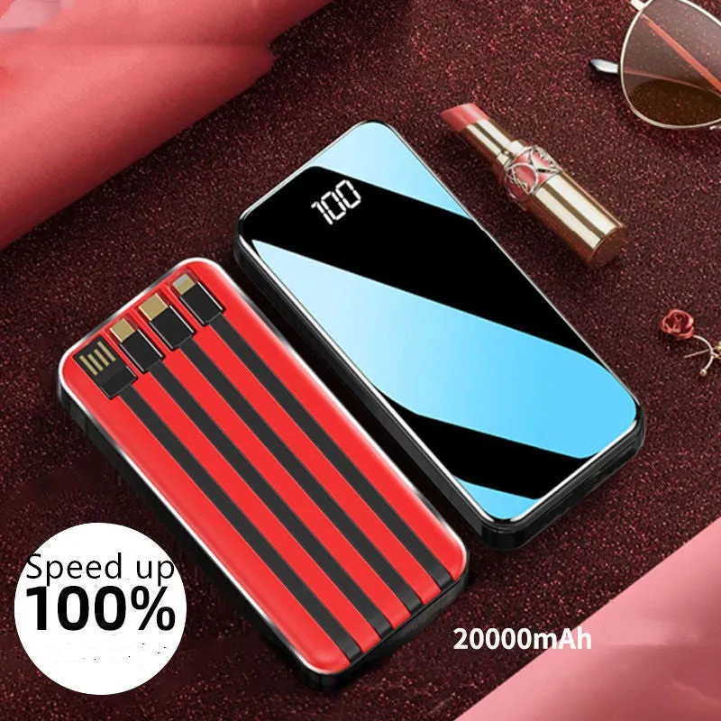 Portable power bank with digital display showing battery percentage, with USB, USB-C, and lightning ports visible.