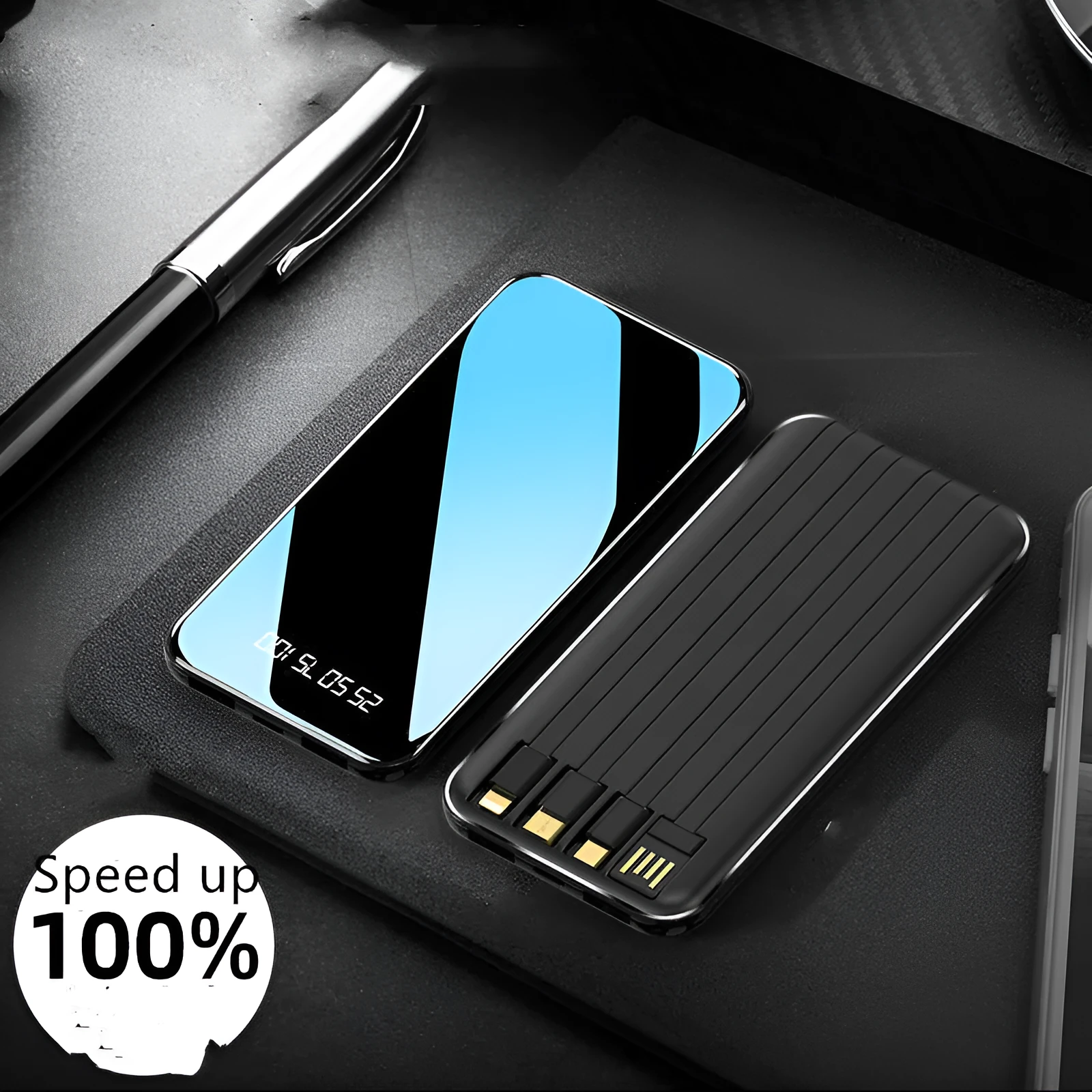 Portable power bank with digital display showing battery percentage, with USB, USB-C, and lightning ports visible.