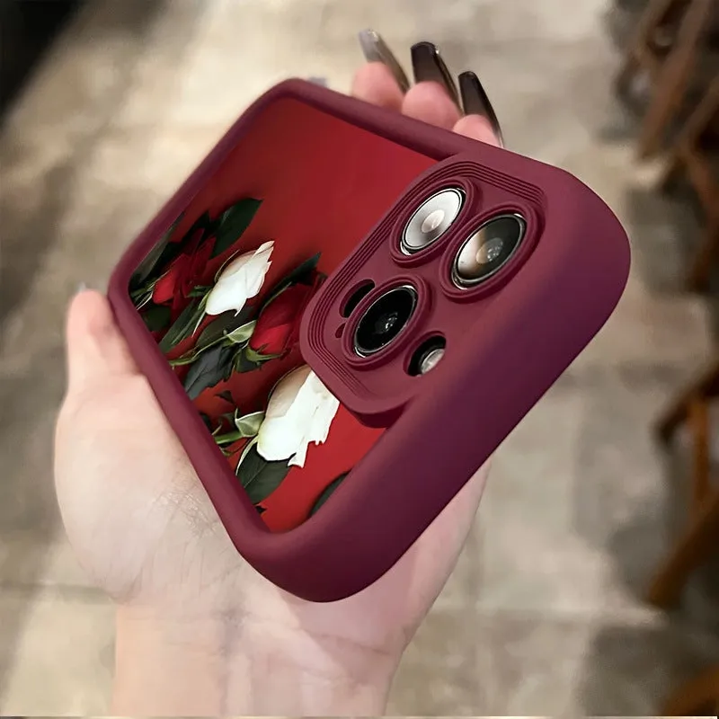 Wine red white rose printed TPU silicone phone case for Apple iPhone models