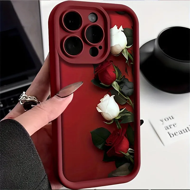 Wine red white rose printed TPU silicone phone case for Apple iPhone models