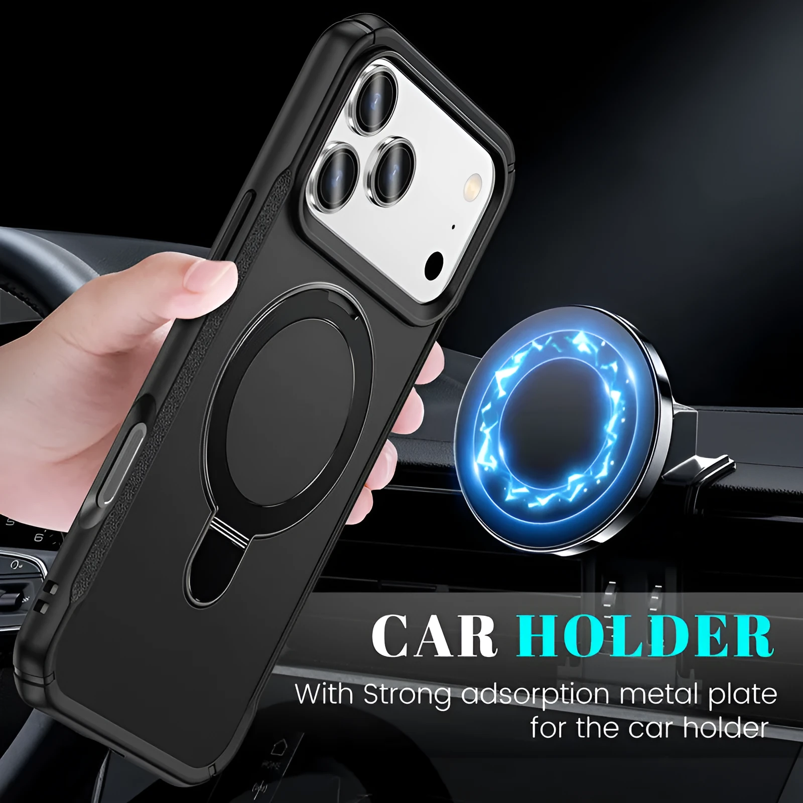 Metal magnetic bracket drop-resistant PC phone case for Samsung and iPhone, black frosted finish with integrated kickstand