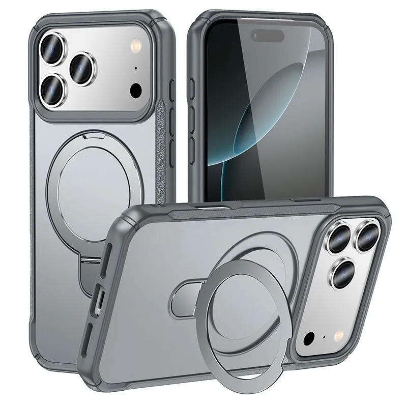 Metal magnetic bracket drop-resistant PC phone case for Samsung and iPhone, black frosted finish with integrated kickstand