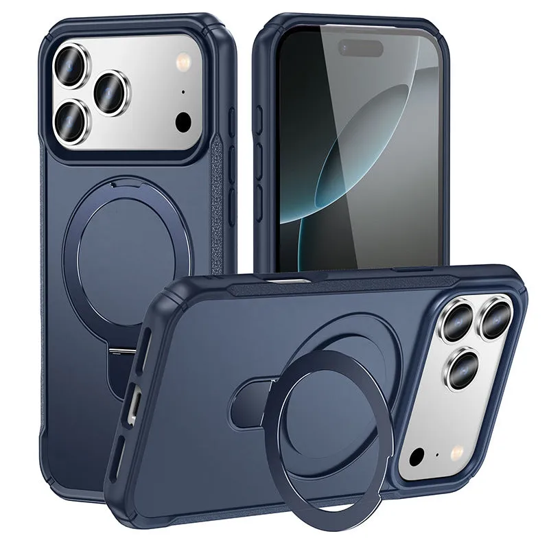 Metal magnetic bracket drop-resistant PC phone case for Samsung and iPhone, black frosted finish with integrated kickstand