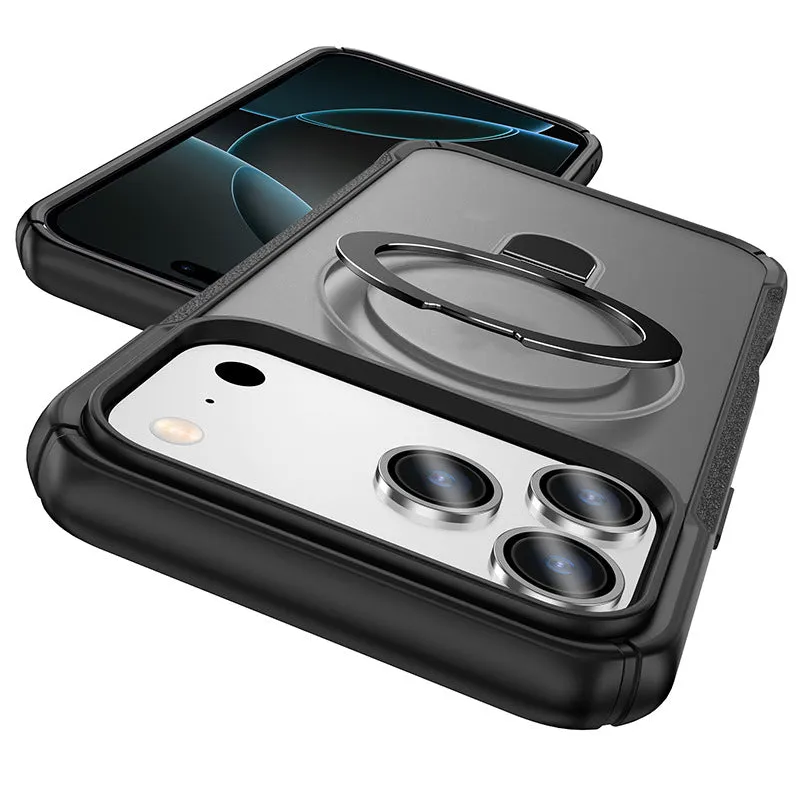 Metal magnetic bracket drop-resistant PC phone case for Samsung and iPhone, black frosted finish with integrated kickstand