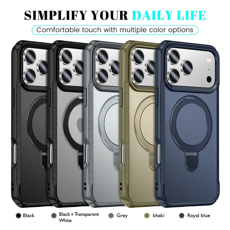 Metal magnetic bracket drop-resistant PC phone case for Samsung and iPhone, black frosted finish with integrated kickstand