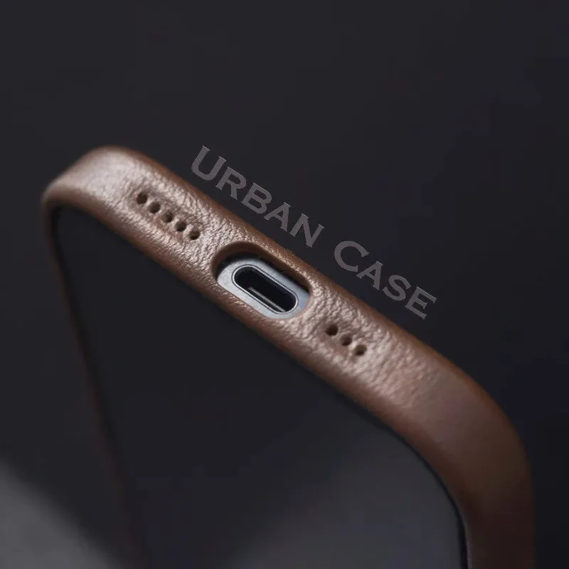 Genuine leather magnetic phone case for iPhone 15, brown colour, shockproof hard shell with anti-fingerprint finish