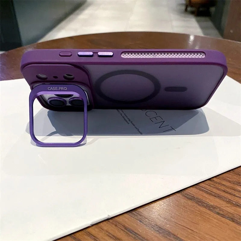Titanium gray PC phone case for iPhone 17 with integrated lens cover and built-in stand