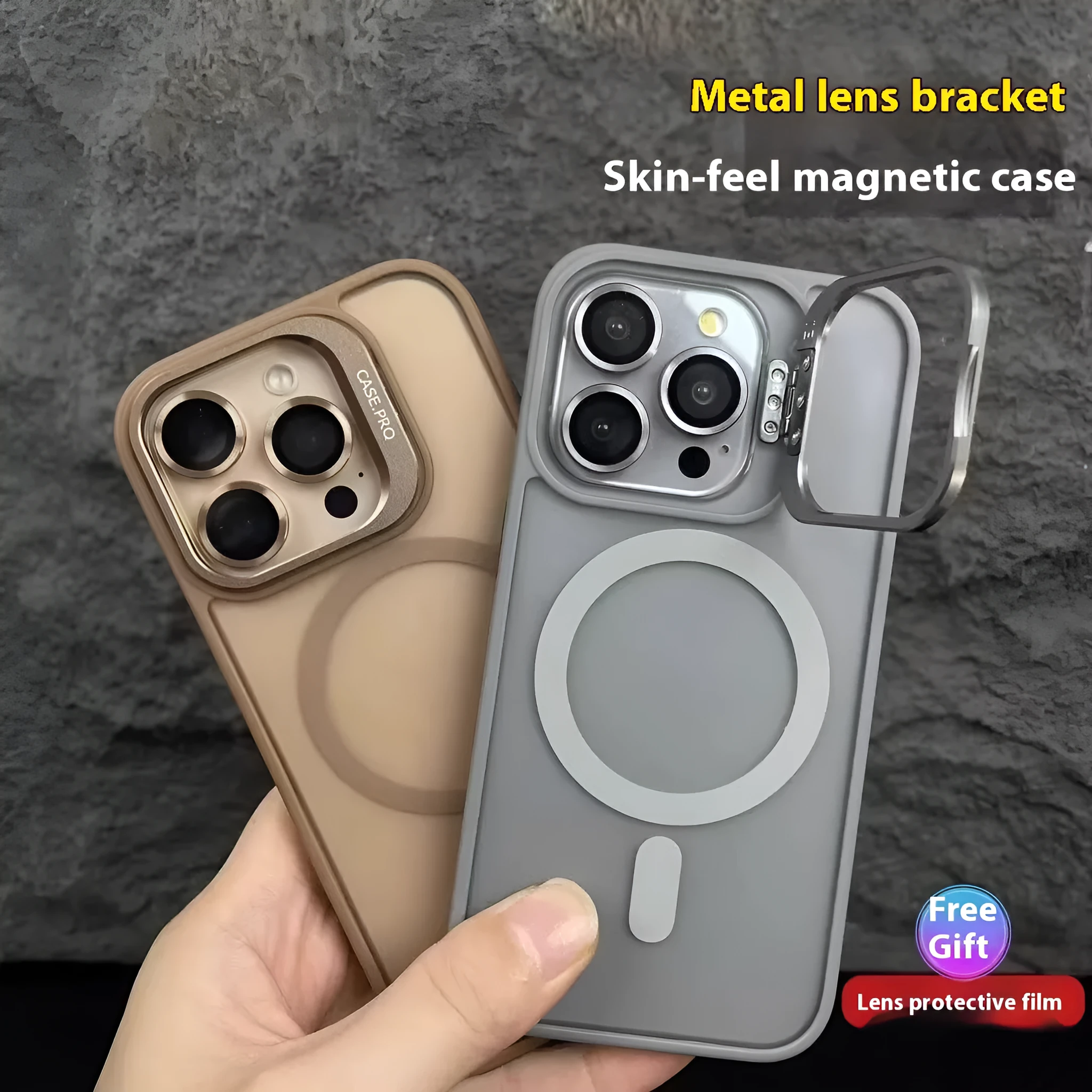 Titanium gray PC phone case for iPhone 17 with integrated lens cover and built-in stand