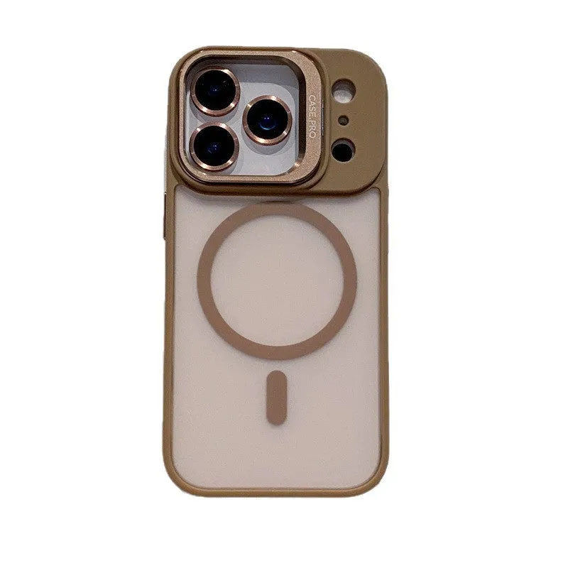 Titanium gray PC phone case for iPhone 17 with integrated lens cover and built-in stand