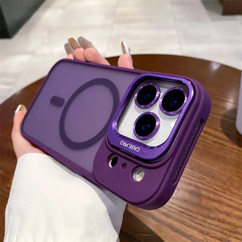Titanium gray PC phone case for iPhone 17 with integrated lens cover and built-in stand