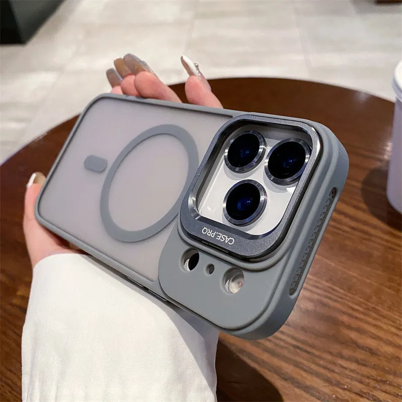 Titanium gray PC phone case for iPhone 17 with integrated lens cover and built-in stand