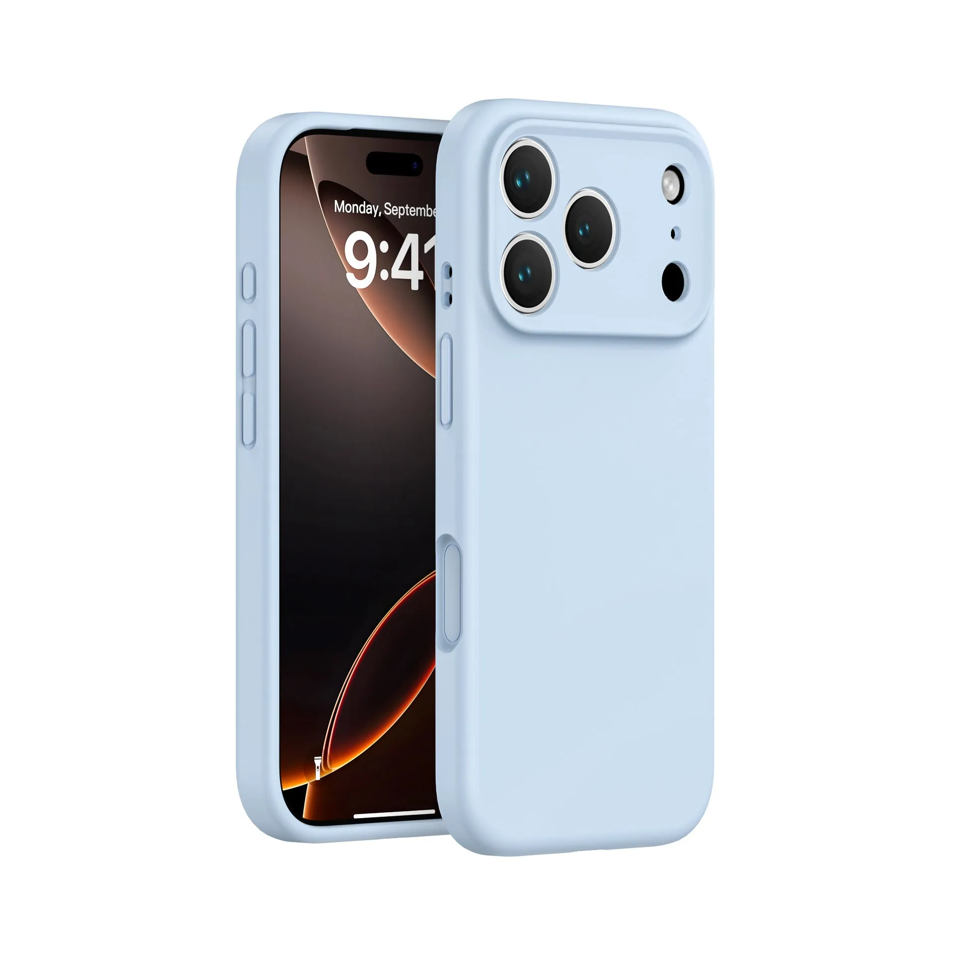 Simple solid colour liquid silicone phone case in antique white, fitted on an iPhone 17, showing shockproof and anti-fingerprint finish