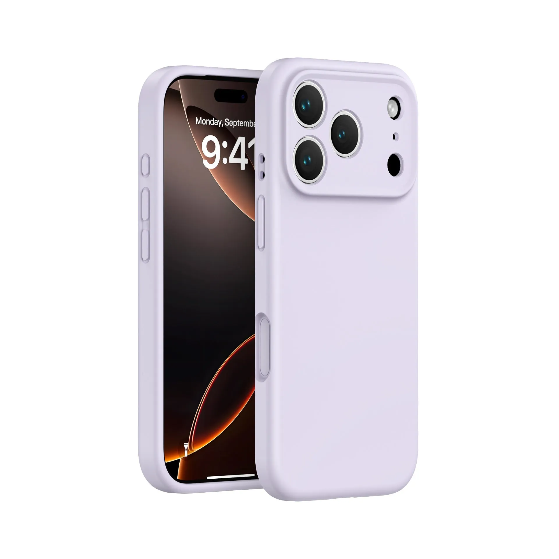 Simple solid colour liquid silicone phone case in antique white, fitted on an iPhone 17, showing shockproof and anti-fingerprint finish