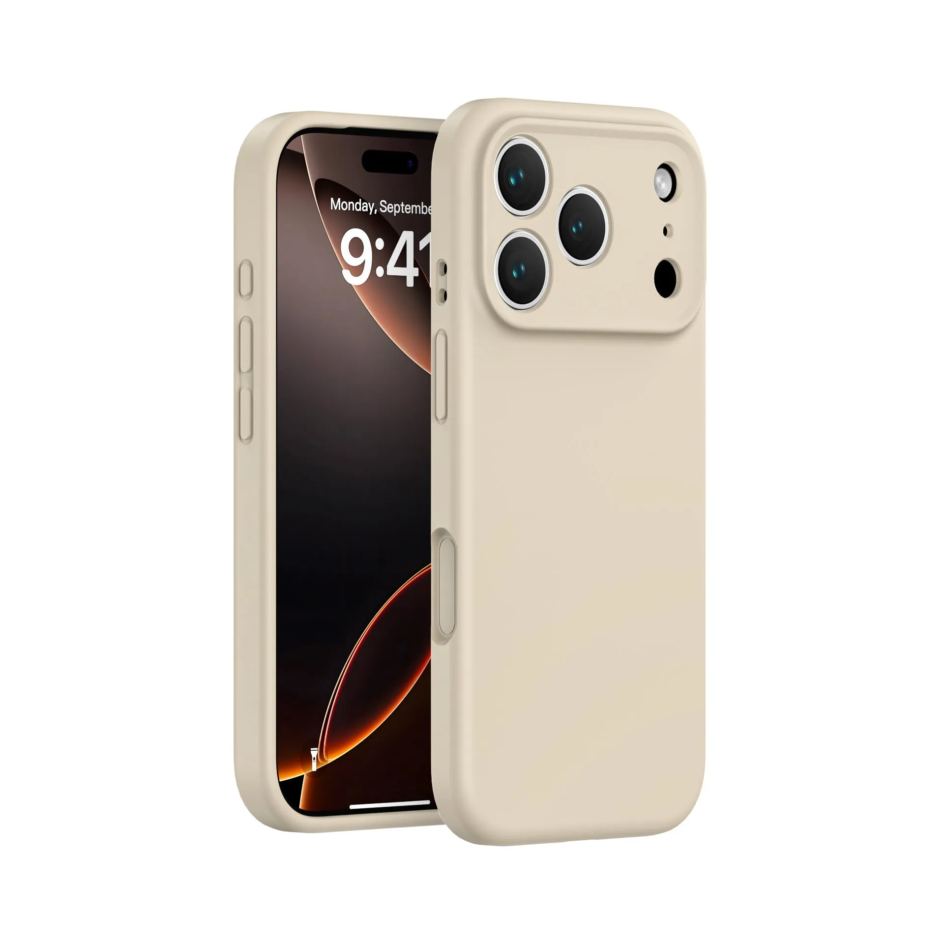 Simple solid colour liquid silicone phone case in antique white, fitted on an iPhone 17, showing shockproof and anti-fingerprint finish