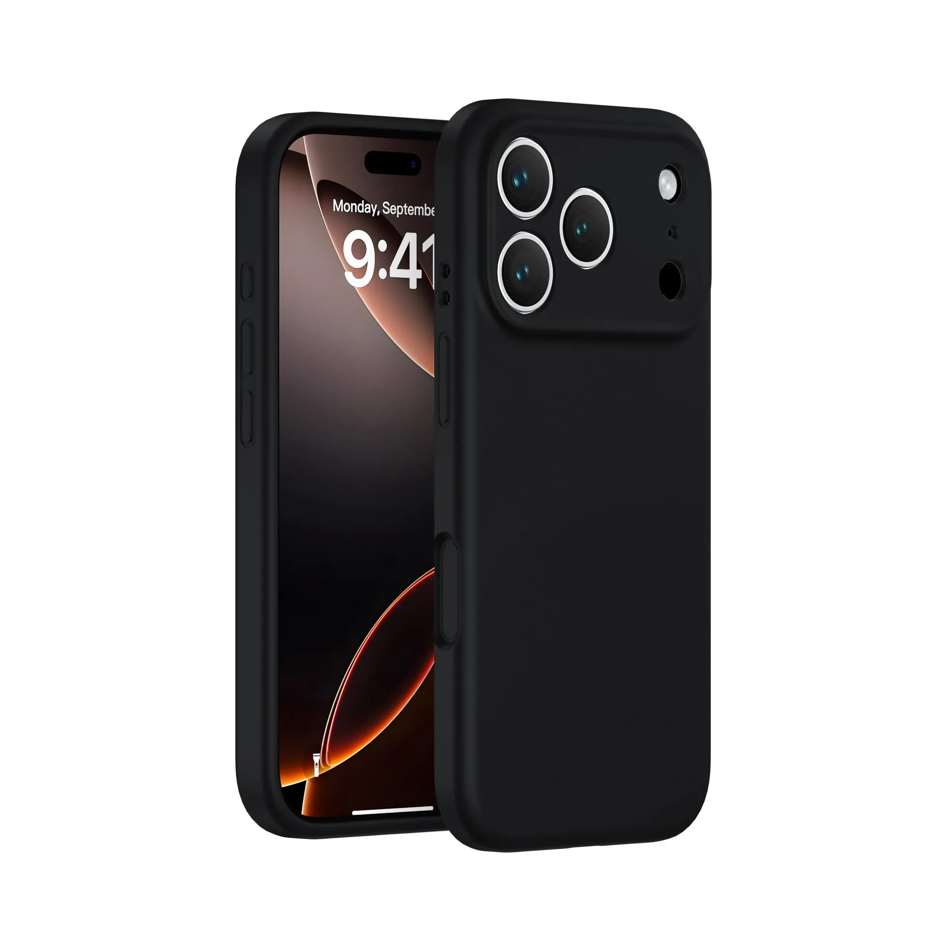 Simple solid colour liquid silicone phone case in antique white, fitted on an iPhone 17, showing shockproof and anti-fingerprint finish