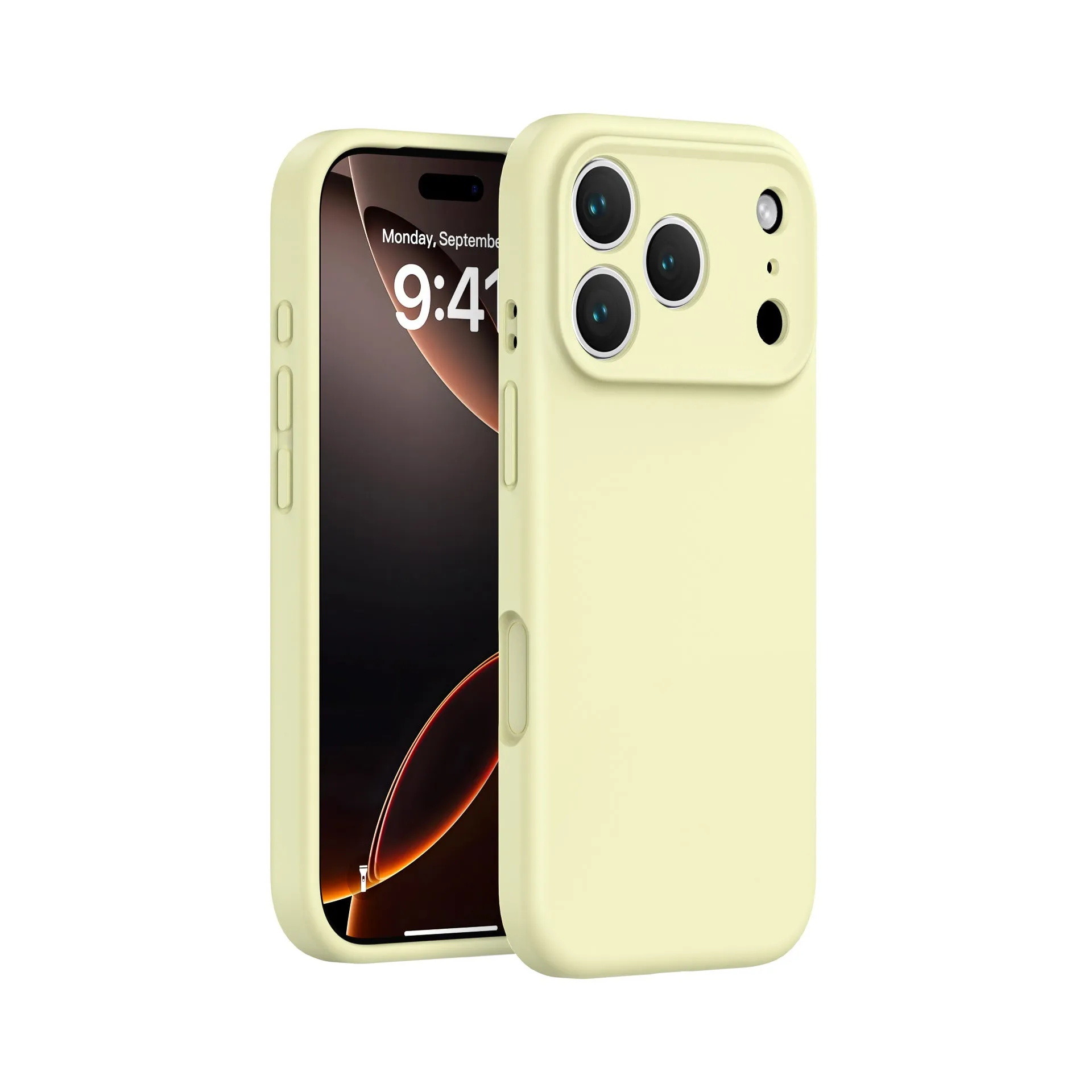 Simple solid colour liquid silicone phone case in antique white, fitted on an iPhone 17, showing shockproof and anti-fingerprint finish