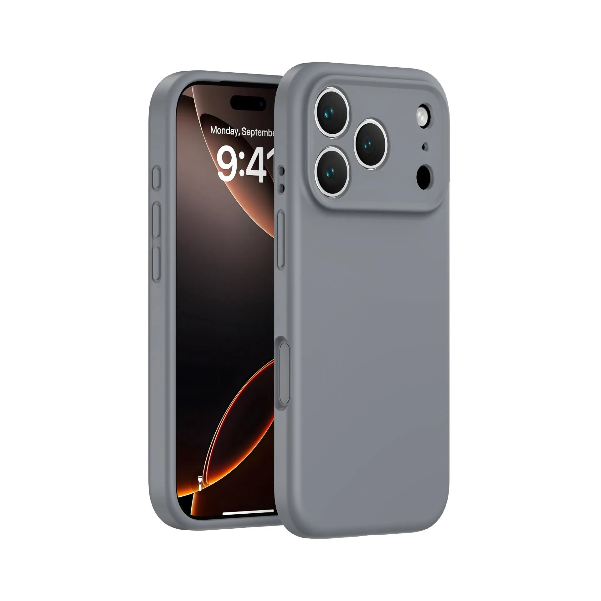 Simple solid colour liquid silicone phone case in antique white, fitted on an iPhone 17, showing shockproof and anti-fingerprint finish