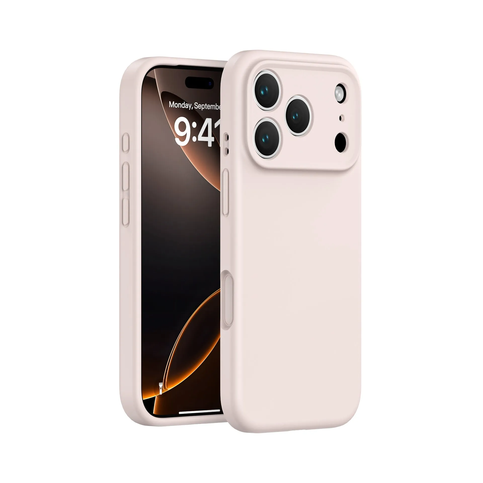 Simple solid colour liquid silicone phone case in antique white, fitted on an iPhone 17, showing shockproof and anti-fingerprint finish