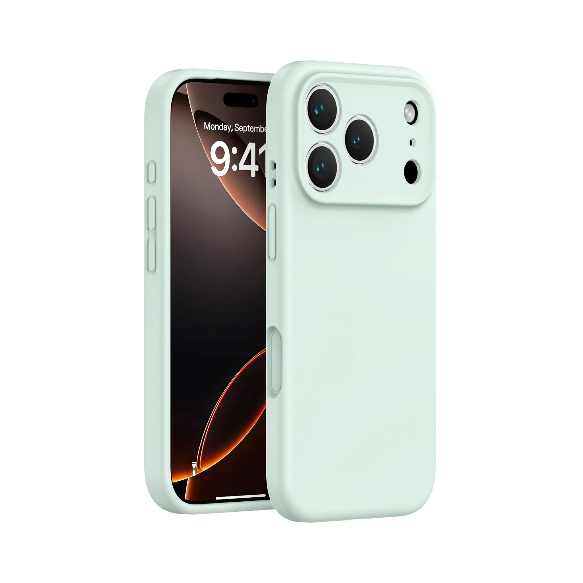 Simple solid colour liquid silicone phone case in antique white, fitted on an iPhone 17, showing shockproof and anti-fingerprint finish