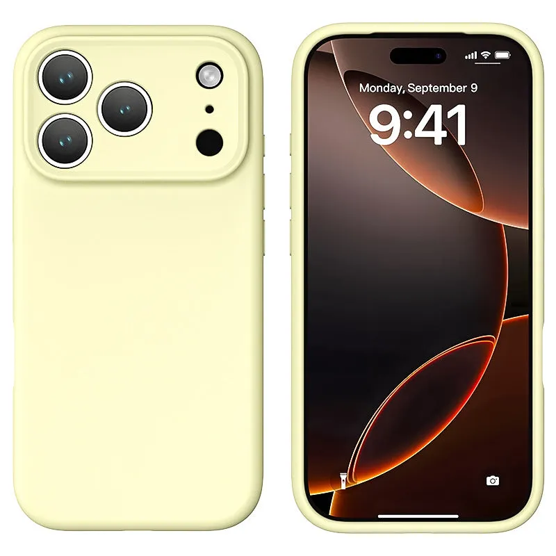 Simple solid colour liquid silicone phone case in antique white, fitted on an iPhone 17, showing shockproof and anti-fingerprint finish