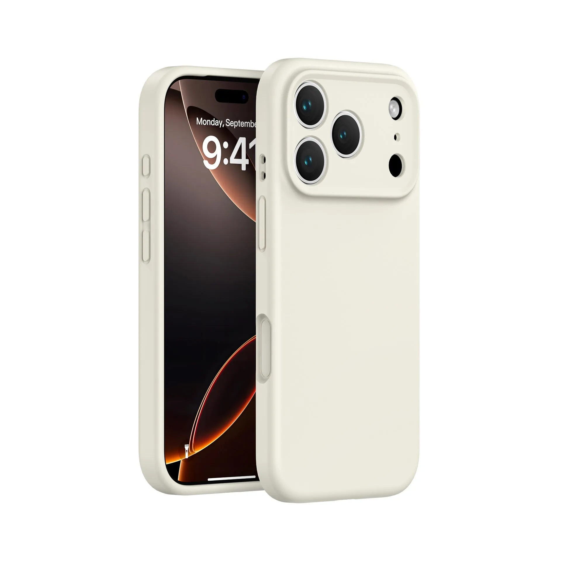 Simple solid colour liquid silicone phone case in antique white, fitted on an iPhone 17, showing shockproof and anti-fingerprint finish